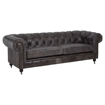 Dark Grey Leather Chesterfield 3-Seater Sofa with Walnut Feet and Caster Wheels