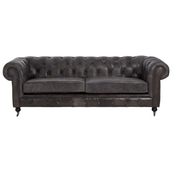 Dark Grey Leather Chesterfield 3-Seater Sofa with Walnut Feet and Caster Wheels