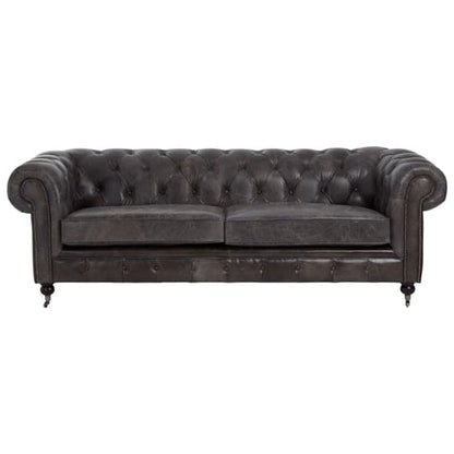 Dark Grey Leather Chesterfield 3-Seater Sofa with Walnut Feet and Caster Wheels