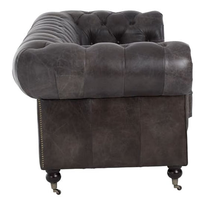 Dark Grey Leather Chesterfield 3-Seater Sofa with Walnut Feet and Caster Wheels