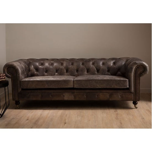 Dark Grey Leather Chesterfield 3-Seater Sofa with Walnut Feet and Caster Wheels