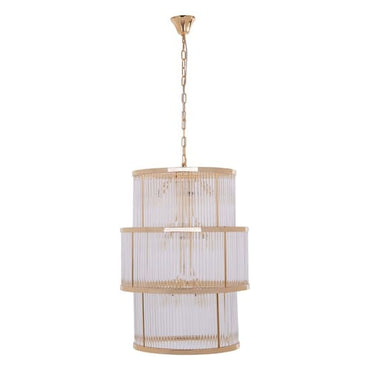 FURCO Salas 3-Tier Ribbed Glass Chandelier in Gold for Living Room and Dining Area