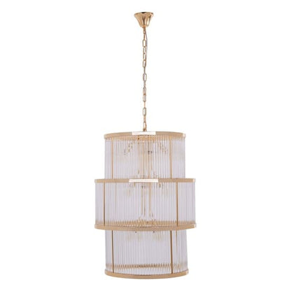 FURCO Salas 3-Tier Ribbed Glass Chandelier in Gold for Living Room and Dining Area