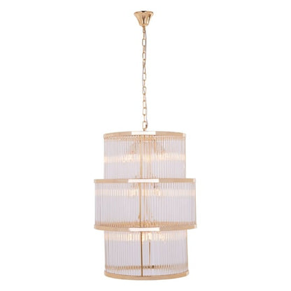 FURCO Salas 3-Tier Ribbed Glass Chandelier in Gold for Living Room and Dining Area