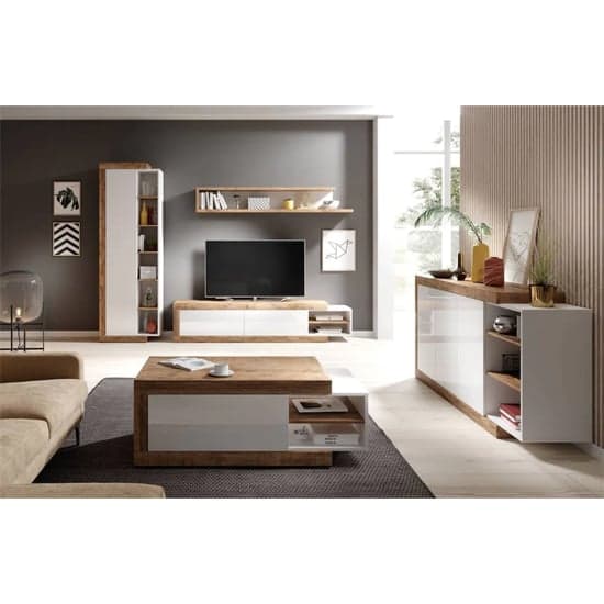 Sanur High Gloss Sideboard 3 Doors 3 Drawers In White Sandal Oak