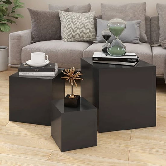 Sarki Set of 3 Grey Cube Side Tables – Versatile Wooden Stands for Living Room & Bedroom