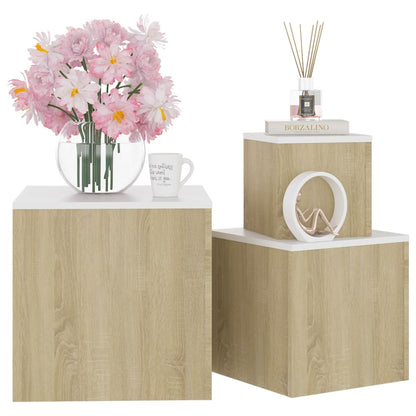 Sarki Set of 3 Cube Side Tables in Sonoma Oak and White for Living Room and Bedroom