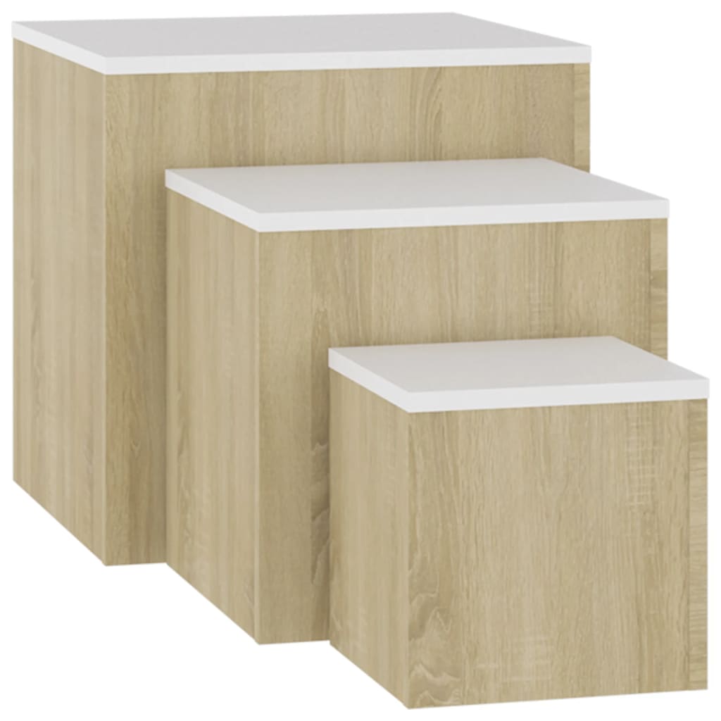 Sarki Set of 3 Cube Side Tables in Sonoma Oak and White for Living Room and Bedroom