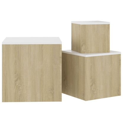 Sarki Set of 3 Cube Side Tables in Sonoma Oak and White for Living Room and Bedroom