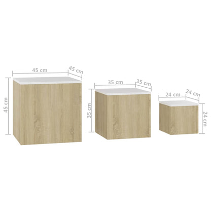 Sarki Set of 3 Cube Side Tables in Sonoma Oak and White for Living Room and Bedroom