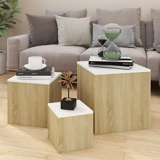 Sarki Set of 3 Cube Side Tables in Sonoma Oak and White for Living Room and Bedroom