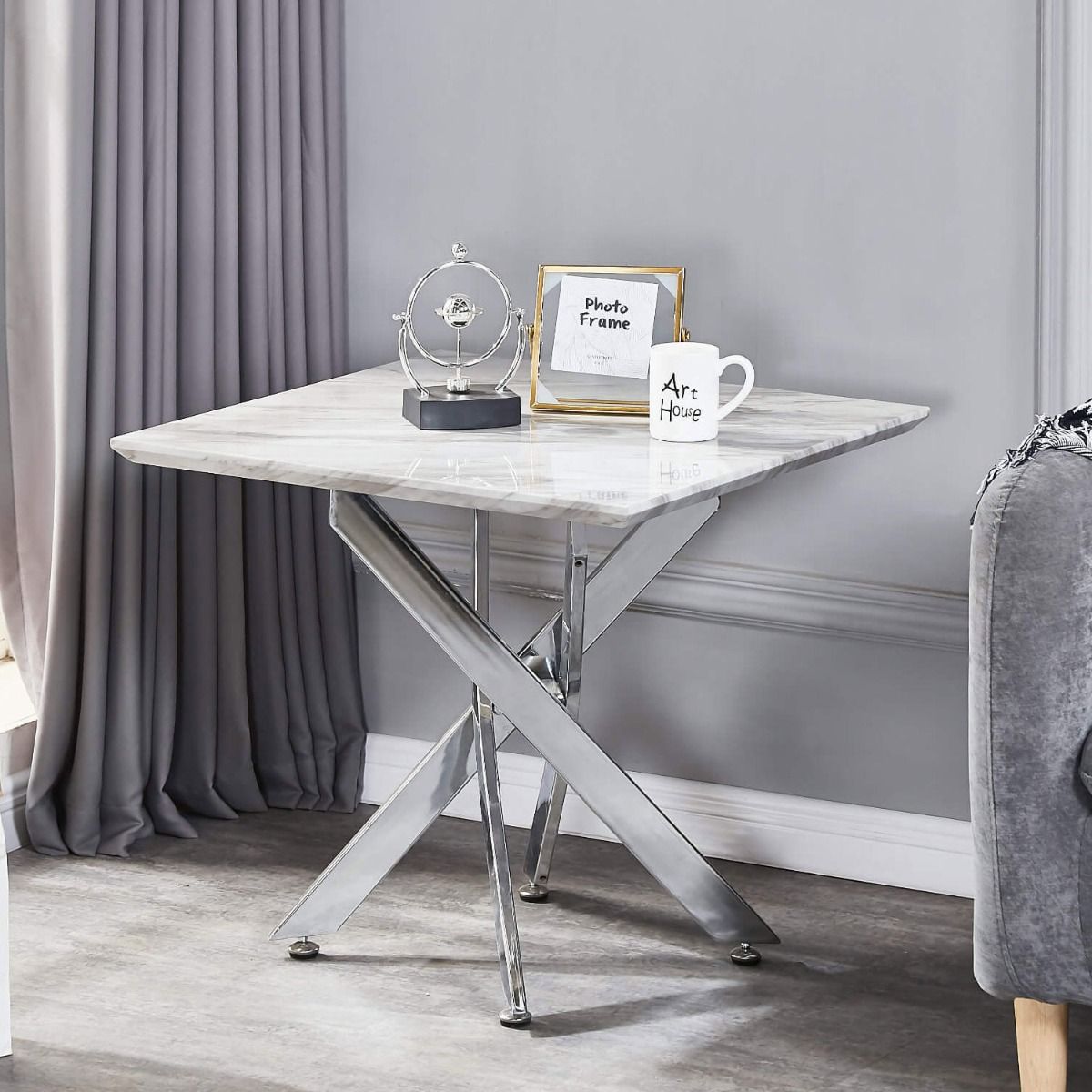 Vaxton Lamp Table with Silver Legs - Marble Effect - Nestium