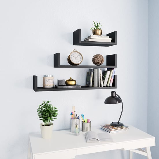 FURCO Set of 3 Black Wooden Wall Shelves for Home and Office Display