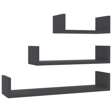 Set of 3 Grey Engineered Wood Wall Shelves - Modern U-Shaped Display for Home & Office