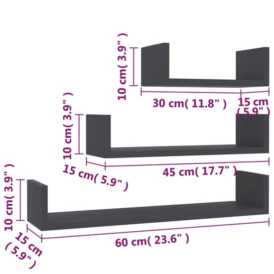 Set of 3 Grey Engineered Wood Wall Shelves - Modern U-Shaped Display for Home & Office