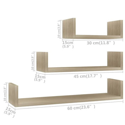 FURCO Scotia 3-Piece Wooden Wall Shelves Set in Sonoma Oak for Home and Office Display