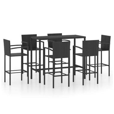 FURCO Black Glass Top Outdoor Bar Table Set with 6 Rattan Bar Stools