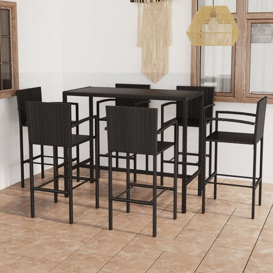 FURCO Black Glass Top Outdoor Bar Table Set with 6 Rattan Bar Stools