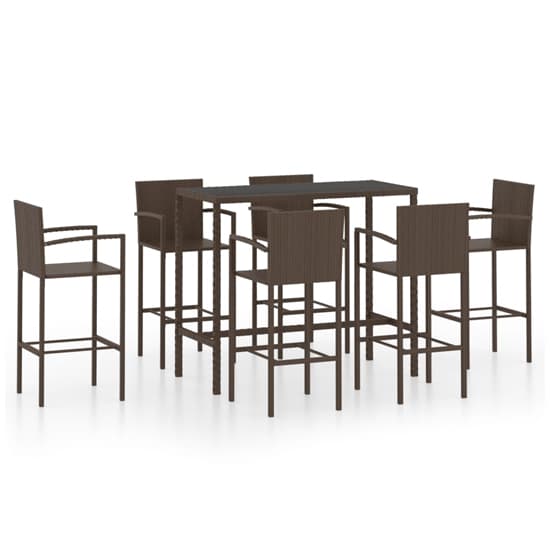 FURCO Stylish Outdoor Bar Set with Large Glass Top Table and 6 Brown Rattan Chairs