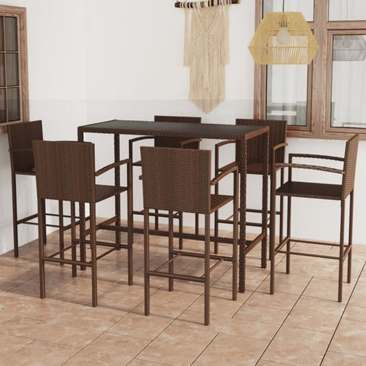 FURCO Stylish Outdoor Bar Set with Large Glass Top Table and 6 Brown Rattan Chairs