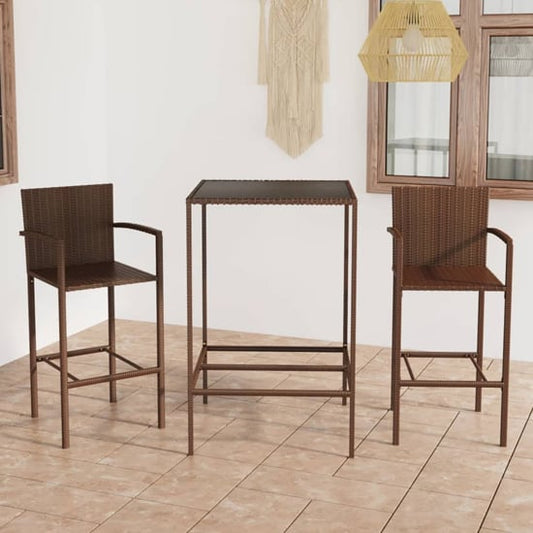 FURCO Brown Rattan Garden Bar Table Set with 2 Chairs - Tempered Glass Top, Weather-Resistant Design