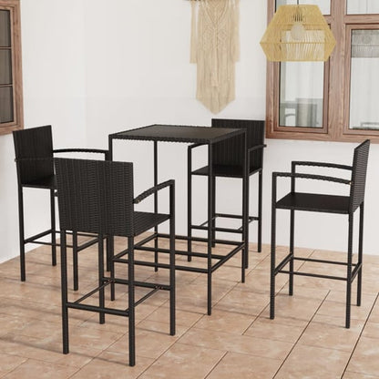 FURCO Black Outdoor Bar Set with Glass Top Table and 4 Weather-Resistant Rattan Chairs