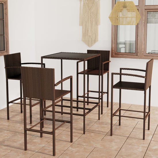 FURCO Outdoor Bar Set with Glass Top Table and 4 Comfortable Rattan Chairs in Brown