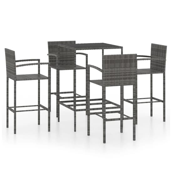 FURCO Grey Rattan Garden Bar Set with Glass Top Table and 4 Stools