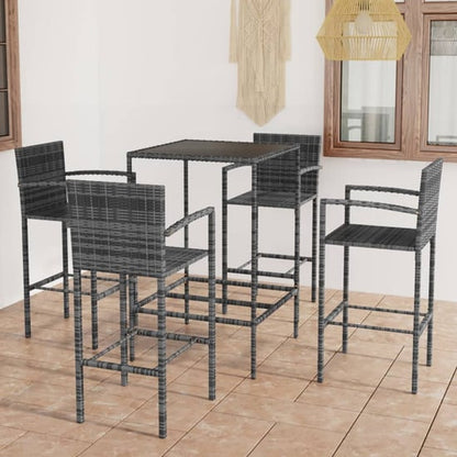 FURCO Grey Rattan Garden Bar Set with Glass Top Table and 4 Stools