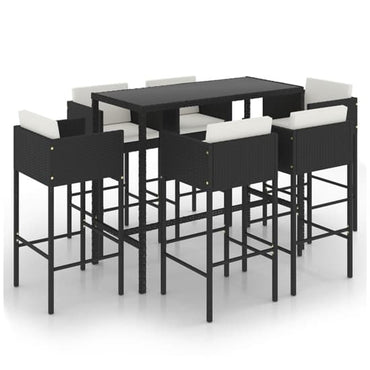 FURCO Outdoor Bar Set with Tempered Glass Table and 6 Black Rattan Chairs