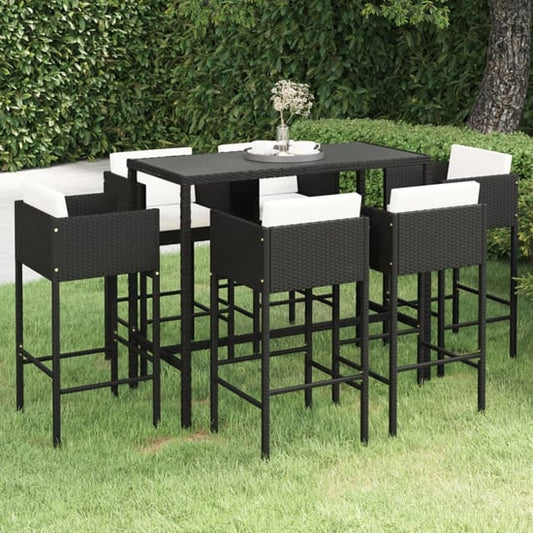 FURCO Outdoor Bar Set with Tempered Glass Table and 6 Black Rattan Chairs