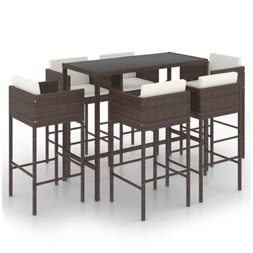 FURCO Brown PE Rattan Garden Bar Set with Glass Top Table and 6 Comfortable Chairs