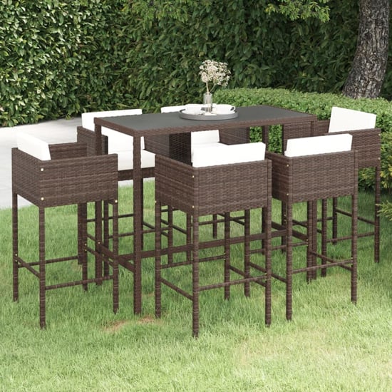 FURCO Brown PE Rattan Garden Bar Set with Glass Top Table and 6 Comfortable Chairs