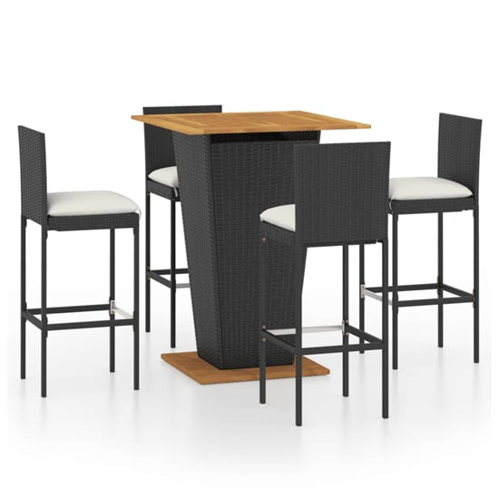 FURCO Outdoor Bar Set with Large Acacia Wood Table and 4 Black Rattan Chairs