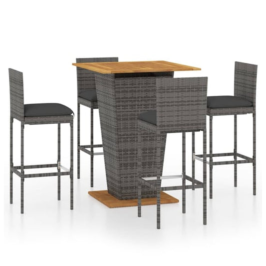 FURCO Outdoor Bar Table Set with 4 Grey Chairs - Durable PE Rattan & Acacia Wood