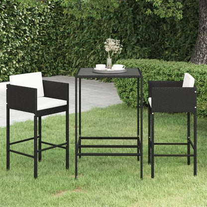 FURCO Outdoor Bar Set with Glass Top Table and 2 Black Rattan Chairs