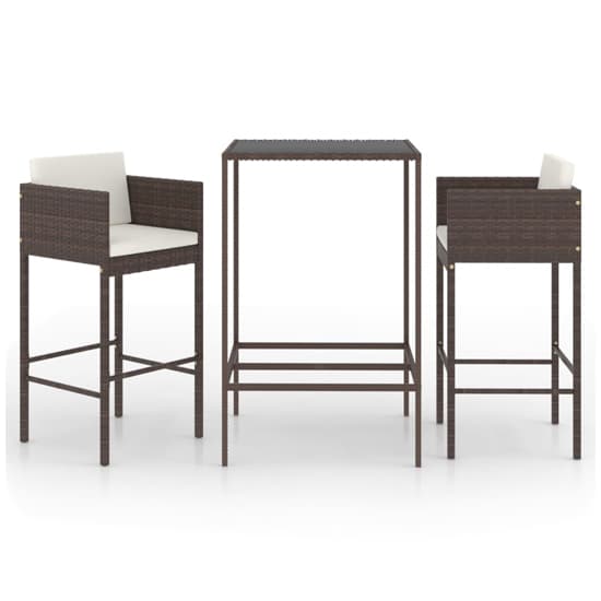 FURCO Outdoor Bar Set with Small Glass Table and 2 Cushioned Avyanna Chairs in Brown PE Rattan