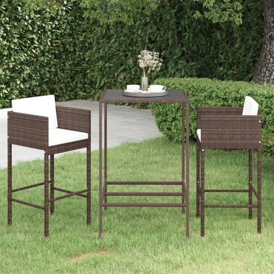 FURCO Outdoor Bar Set with Small Glass Table and 2 Cushioned Avyanna Chairs in Brown PE Rattan