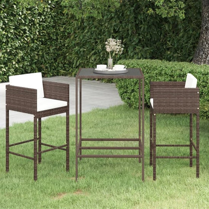 FURCO Outdoor Bar Set with Small Glass Table and 2 Cushioned Avyanna Chairs in Brown PE Rattan