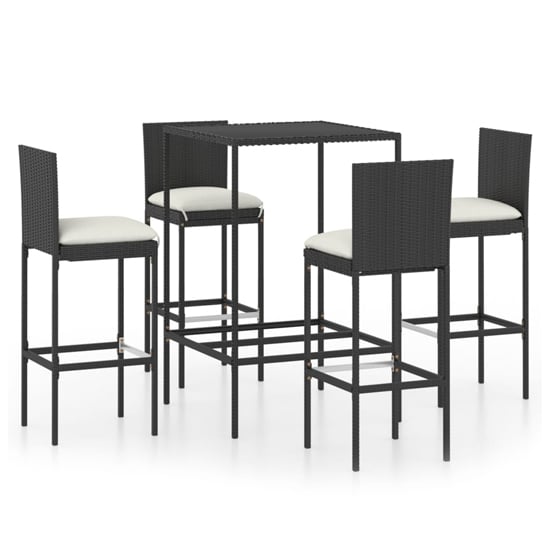 Outdoor Bar Set with Glass Top Table and 4 Black Rattan Chairs