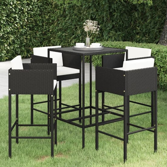 FURCO Outdoor Bar Set with Glass Top Table and 4 Black Rattan Chairs