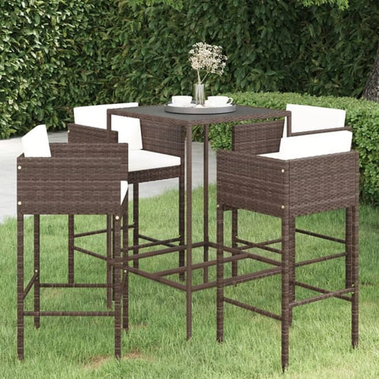 FURCO Outdoor Bar Set with Brown Rattan Table and 4 Avyanna Chairs, Weather-Resistant, Tempered Glass Top