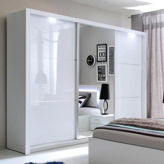 Senoia Mirrored High Gloss Wardrobe 3 Doors In White With LED