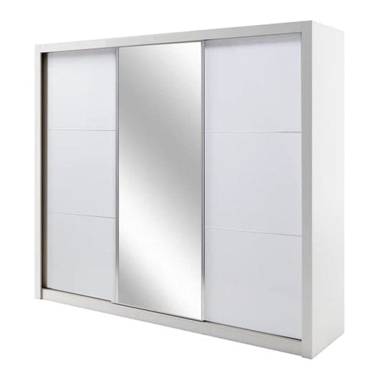 3-Door White High Gloss Mirrored Wardrobe with LED Lighting | Sliding | White | Mirror, LED | 3 Doors | 208cm