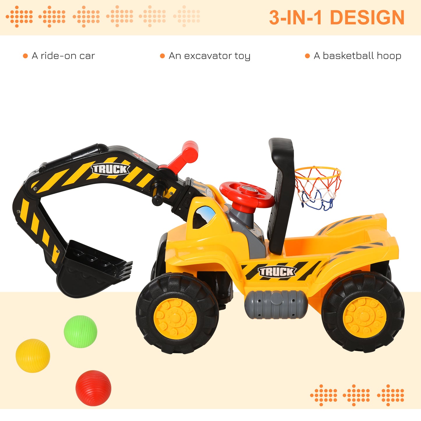 HOMCOM ids Ride On Excavator Digger w/ Storage Basketball Net Steering NO POWER Wheel Vehicle Truck Toy