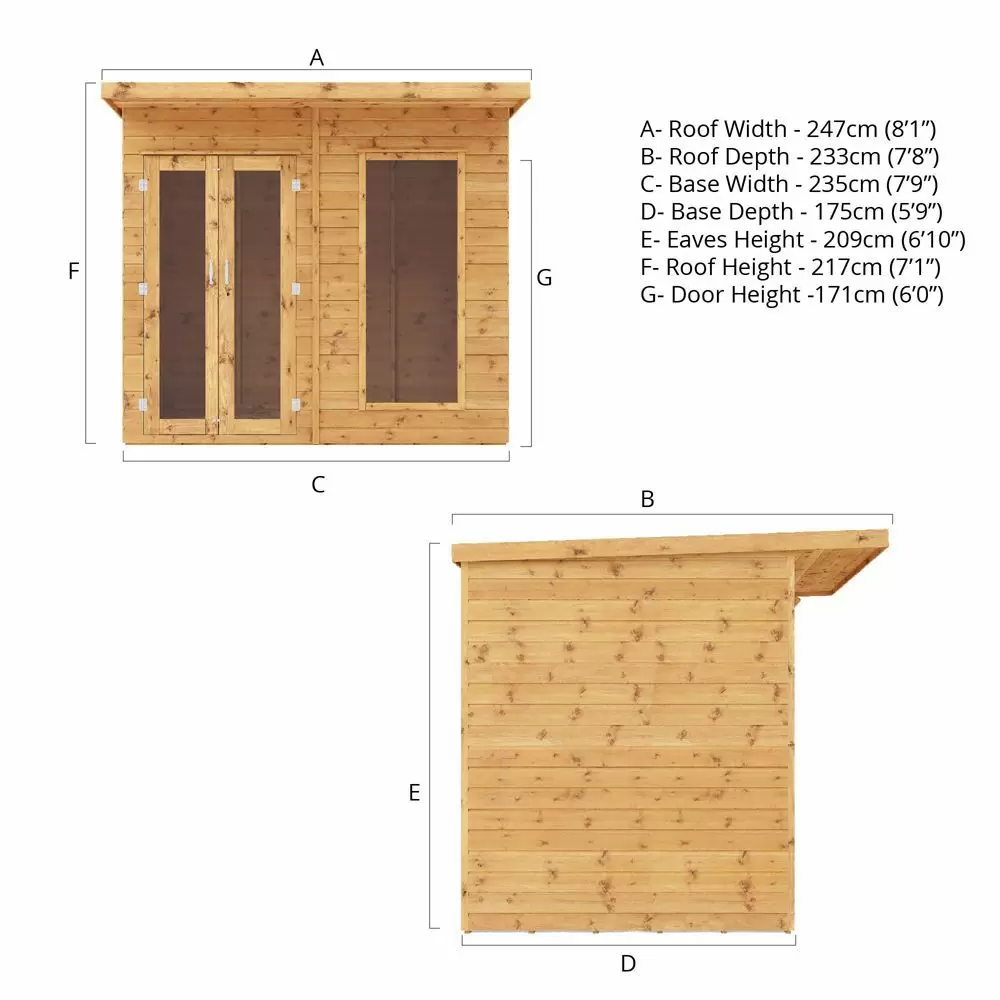 8 x 6 Maine Wooden Summerhouse with French Doors and Pent Roof Design