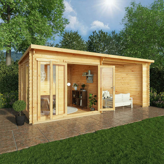 6m x 3m Log Cabin Studio with Patio Area - Durable Wooden Garden Office