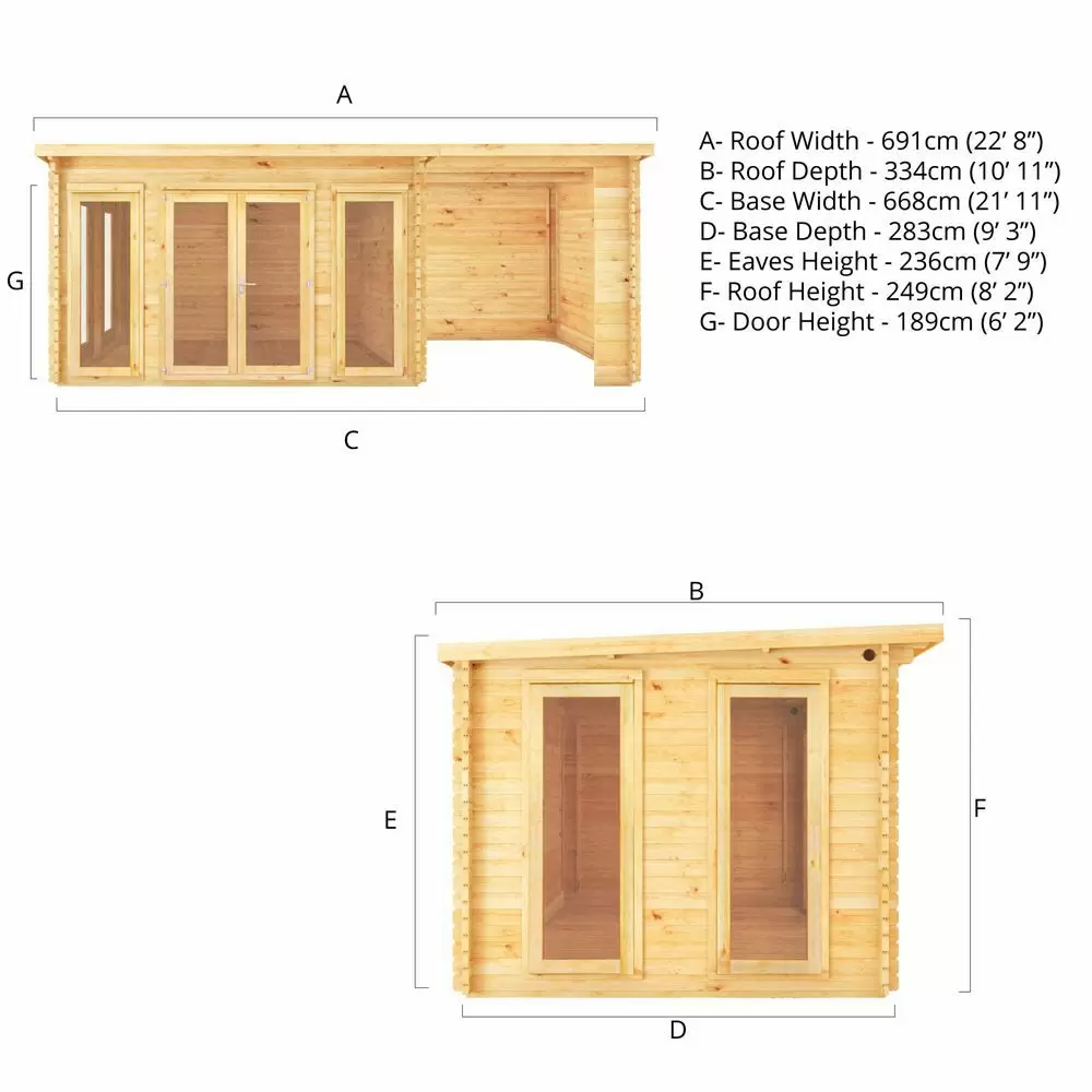 7m x 3m Wooden Log Cabin with Patio Area - Pent Roof Studio for Home Office or Relaxation