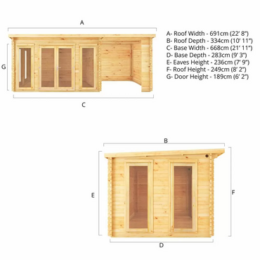 7m x 3m Wooden Log Cabin with Patio Area - Pent Roof Studio for Home Office or Relaxation