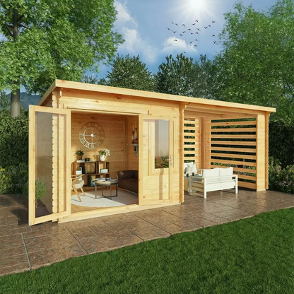 6m x 3m Elite Pent Log Cabin with Slatted Area - 28mm Wooden Garden Office with Double Glazing